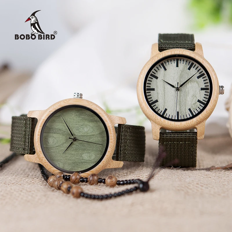 BOBO BIRD Mens Natural Wood Bamboo Watches Womens Vintage Wooden Watch relogio masculino Green Dial Nylon Strap in Wood box