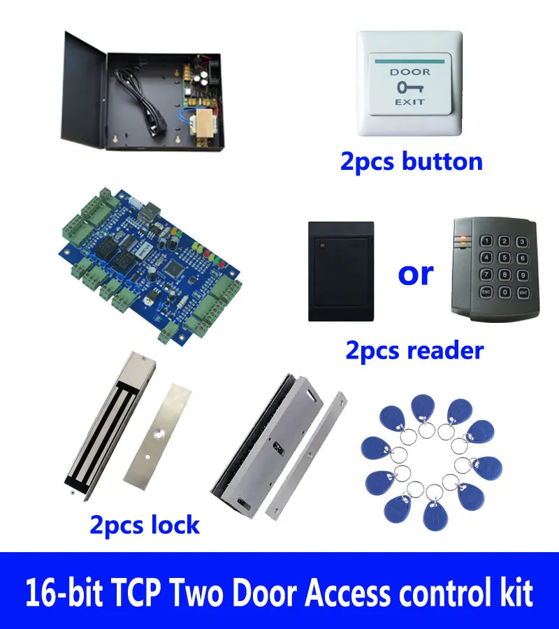

access control kit,TCP two door access control+powercase+280kg magnetic lock+U-bracket+ID reader+button+10 ID tags,sn:kit-B207