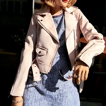 

2019 New Autumn Winter Women Soft Suede Faux Leather Jackets and Coats Lady Matte Cute Zippers Belt Dark Green Outerwear 4 color