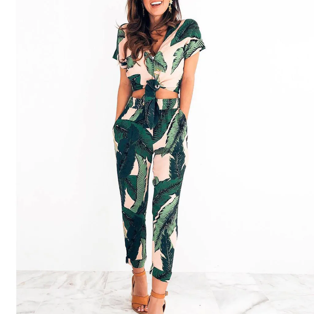 

Fashion Leaves Print V-neck Halter Sleeveless Rompers Womens Jumpsuit Ruffled Beach One-piece Trousers Jumpsuit Summer Overalls