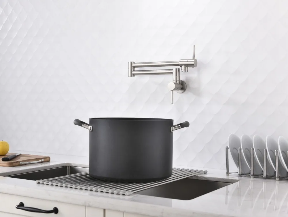 

Brushed Brass Kitchen Sink Faucet Pot Filler Folding Stretchable Double Joint Swing Arm Wall Mount Kitchen Faucet