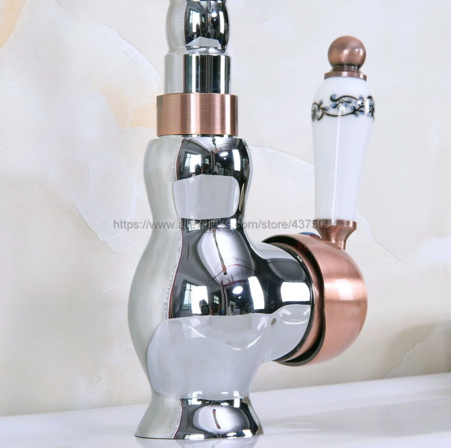 Deck Mounted Single Handle Bathroom Sink Mixer Faucet Polished Chrome And Red Copper Hot and Cold Water Mixer Tap Nnf912