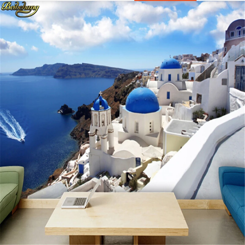 

Greece Aegean Mediterranean mural large 3D stereoscopic personalized custom wallpaper living room bedroomTV background wallpaper