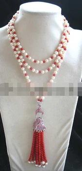 

FREE SHIPPING freshwater pearl &coral round red leopard clasp necklace 60"