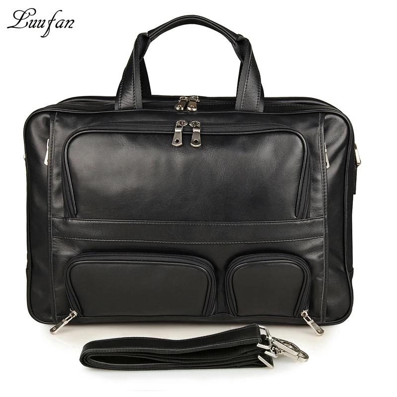 Men genuine leather briefcase fit 17" Laptop Real leather Three zipper