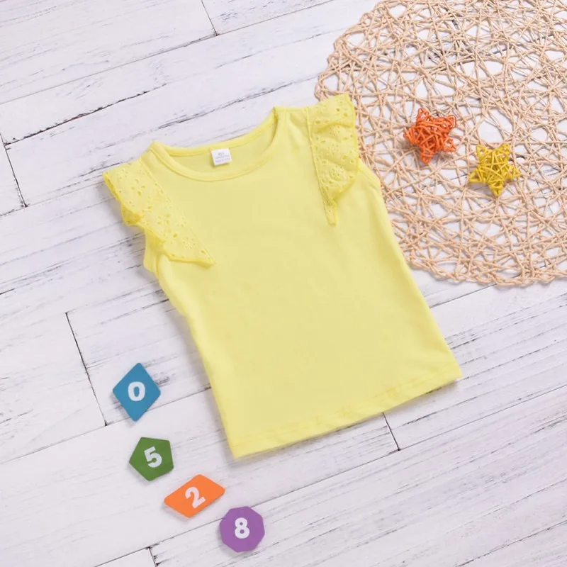 Лидер продаж, летняя хлопковая Однотонная футболка для маленьких девочек от 0 до 24 месяцев топы, блузка детские повседневные футболки с рукавами-крылышками