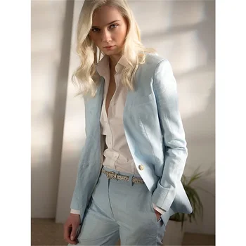 

Light Sky Blue Womens Business Work Suits Female Office Uniform New Design Ladies Formal Trouser Suits 2 Piece Blazer Custom