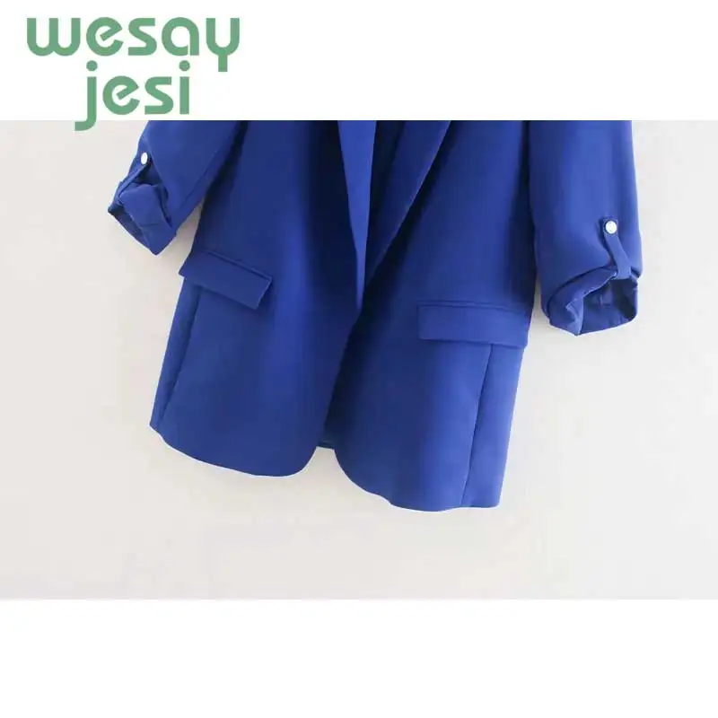 Vintage Women Blazer Pockets Jackets Female 2019 Retro Suits Coat  blue Blazer Loose Coat Streetwear