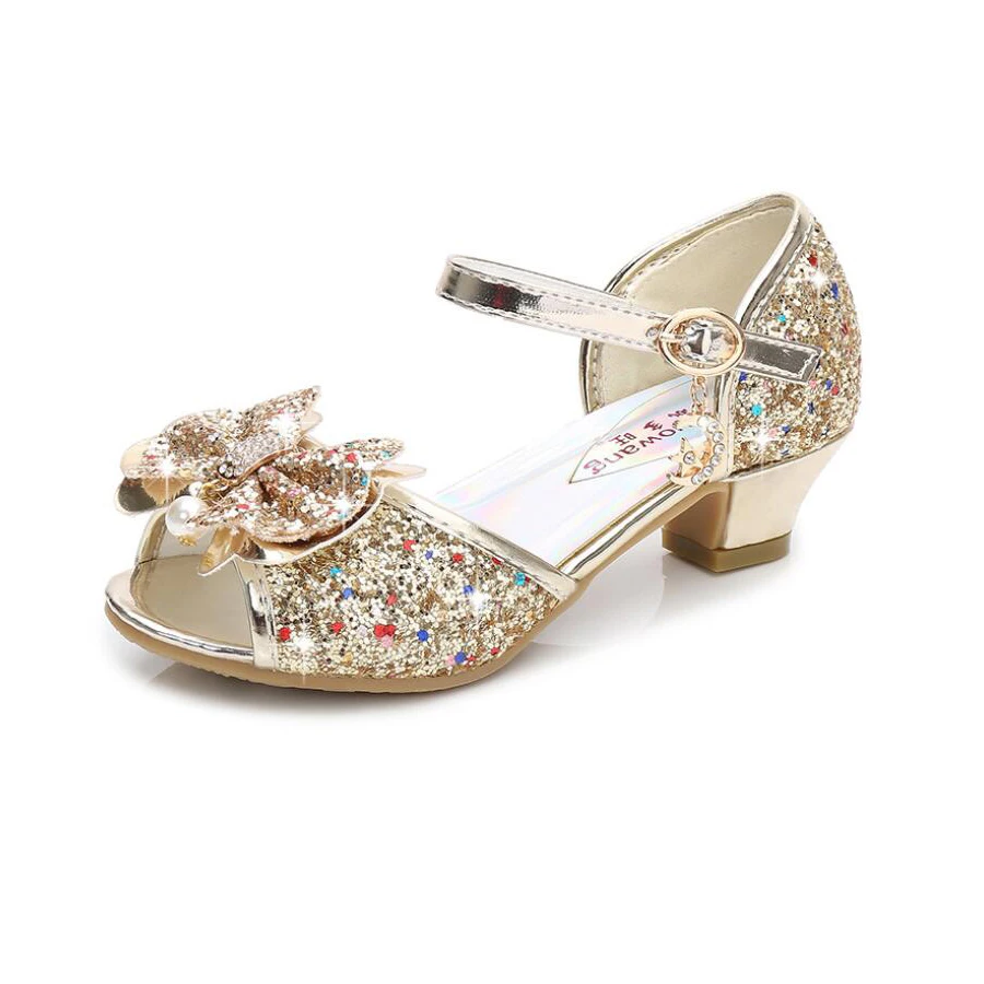 2019 Summer Girls Sandals Gold Silver Leather Shoes High heel Children pearl Glitter Sequin Princess Shoes for Party Girls Shoes