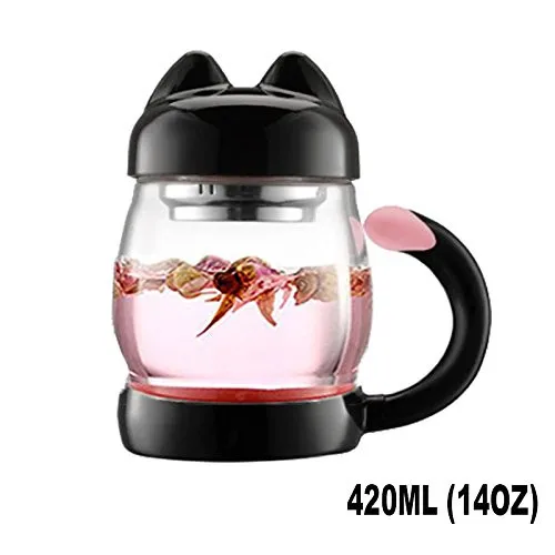 Cat Glass Tea Cup Mug with a Lid Strainer Filter, Cute Cat Coffee Mug Tail Handle for Children Child Cat Lover Christmas Gift 420ML14OZ (Black)4