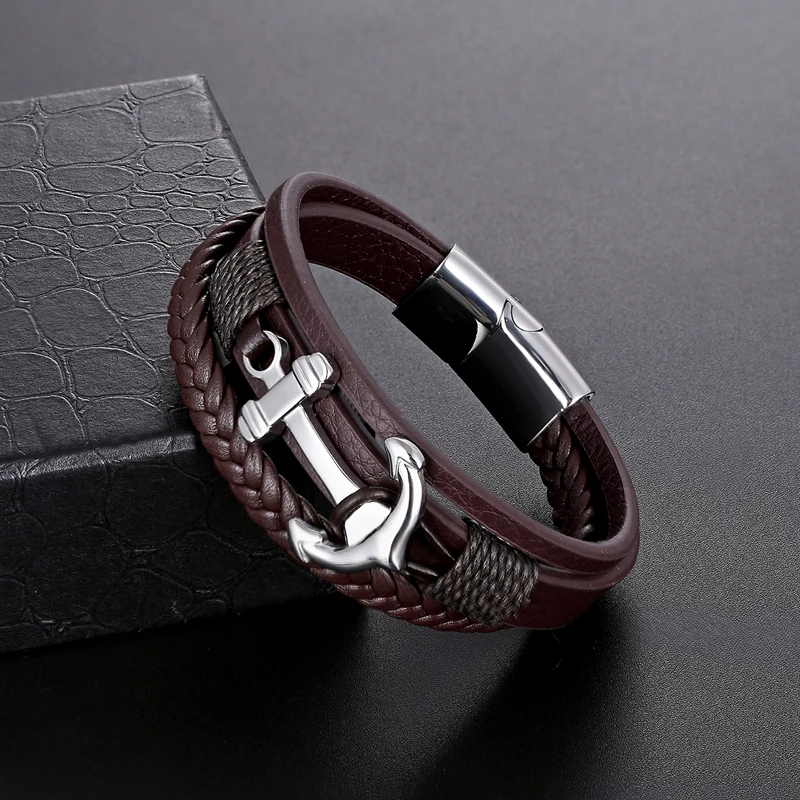 

2018 new multi-layered man stainless steel Genuine leather bracelet ship anchor black coffee lady punk bracelet Jewelry Gifts