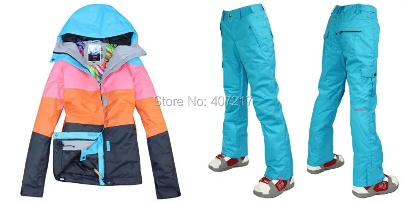 

2015 womens blue ski suit female snowboarding suit snow suit skiwear black blue ski jacket and sky blue ski pants waterproof