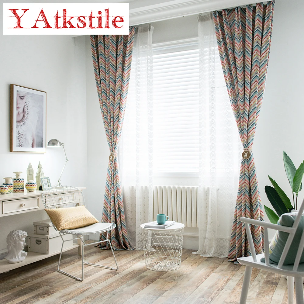 YAtkstile Mediterranean style pop stripe print curtain fabric bedroom