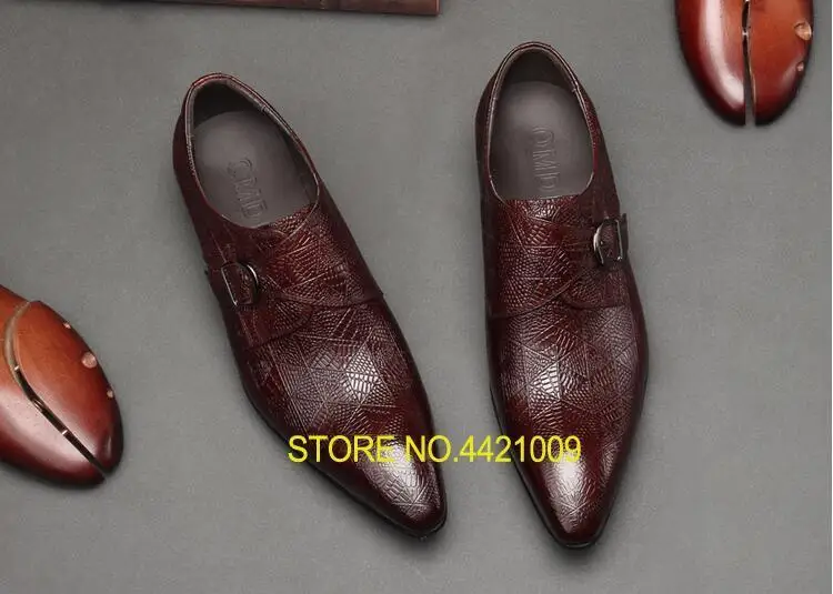 

Dress shoes men genuine leather pointed toes slip on buckle low heel smart casual shoes plaid breathable oxfords