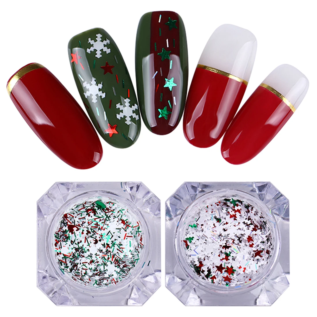 Рождественские украшения для ногтей с блестками, рождественские украшения для ногтей, красные, зеленые звезды, сердце и полосы с белой снежинкой, разноцветные формы