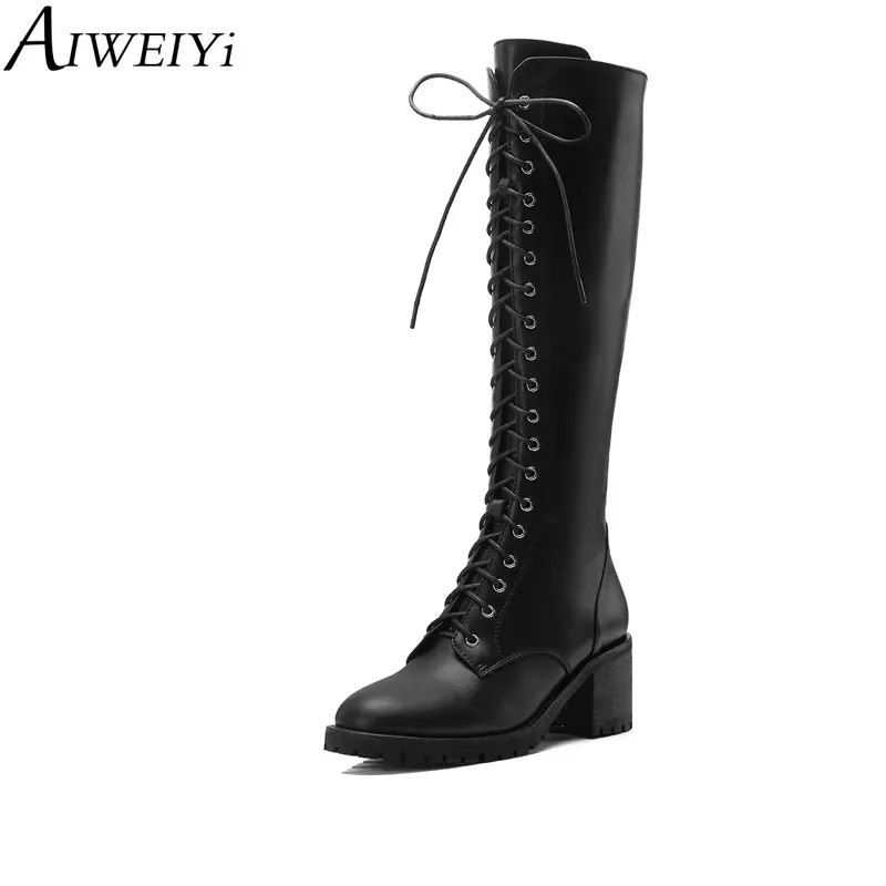 

AIWEIYi Thick High Heels Martin Boots for Women Round toe Lace Up Knee High Boots Motorcycle Botas Shoes Woman Winter Boots