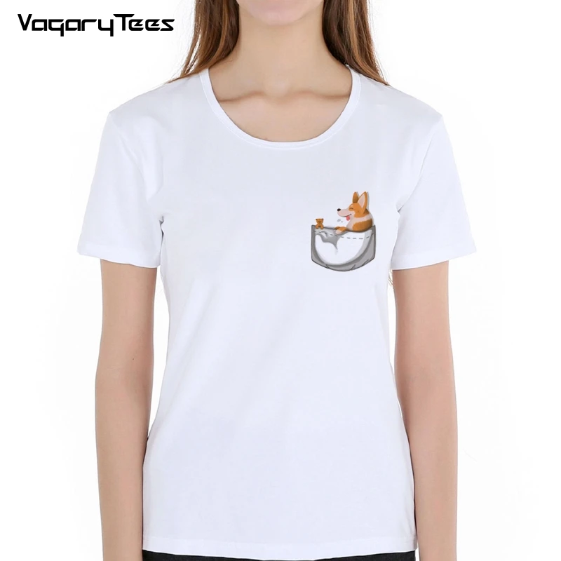 

Corgi in Your Front Pocket T Shirt Funny Dog Animal T-Shirt Summer Women Short Sleeve casual Tee Fake pocket Cute Woman Tops