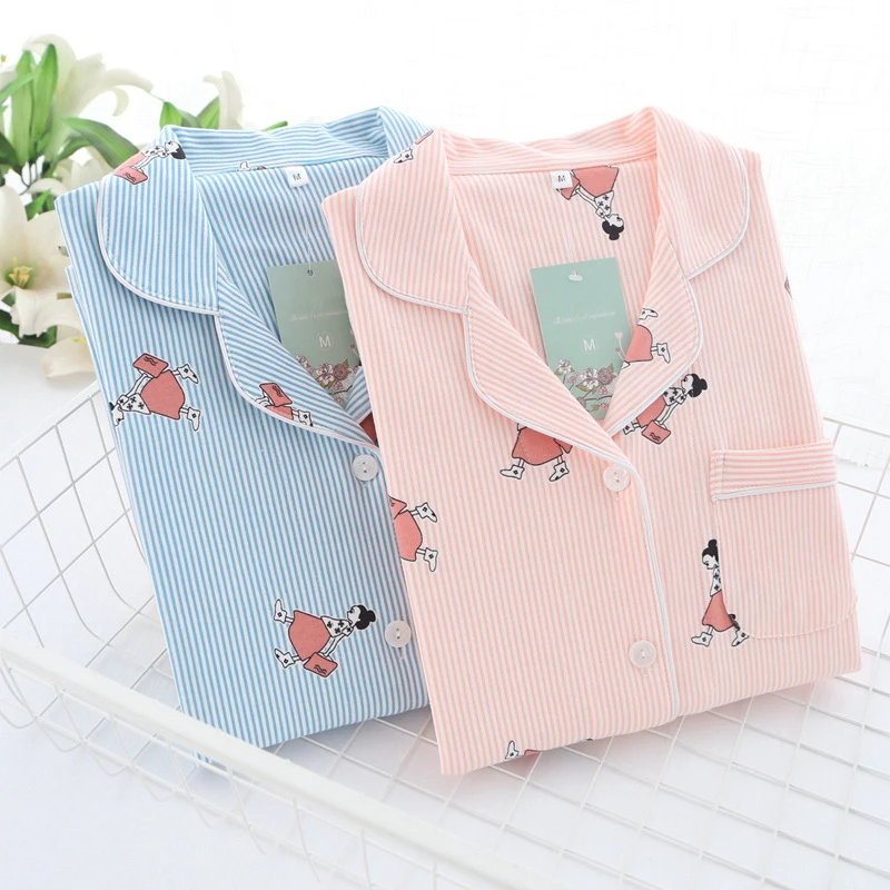 women spring striped cotton pajamas sets (1)