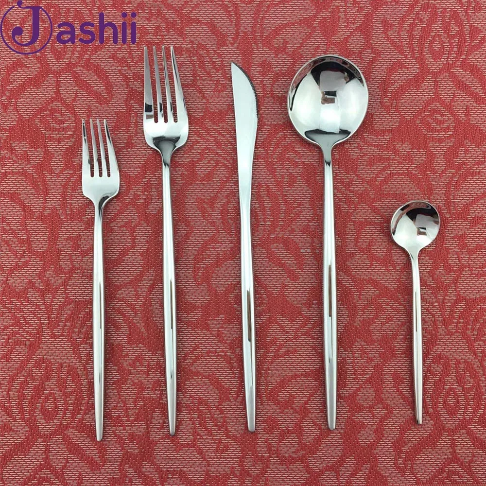 JASHI Simple Pure Silver Cutlery Set Mirror 18/10 Stainless Steel Dinnerware Set Round Dinner Steak Fork Home Silverware Set