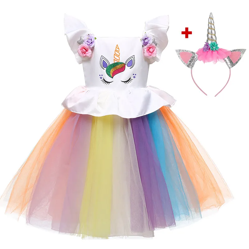 Рождественское платье с единорогом для девочек; Детские платья принцессы для девочек; свадебные платья; Косплей; вечерние платья с единорогом для девочек; vestidos - Цвет: A006-a 2 pcs