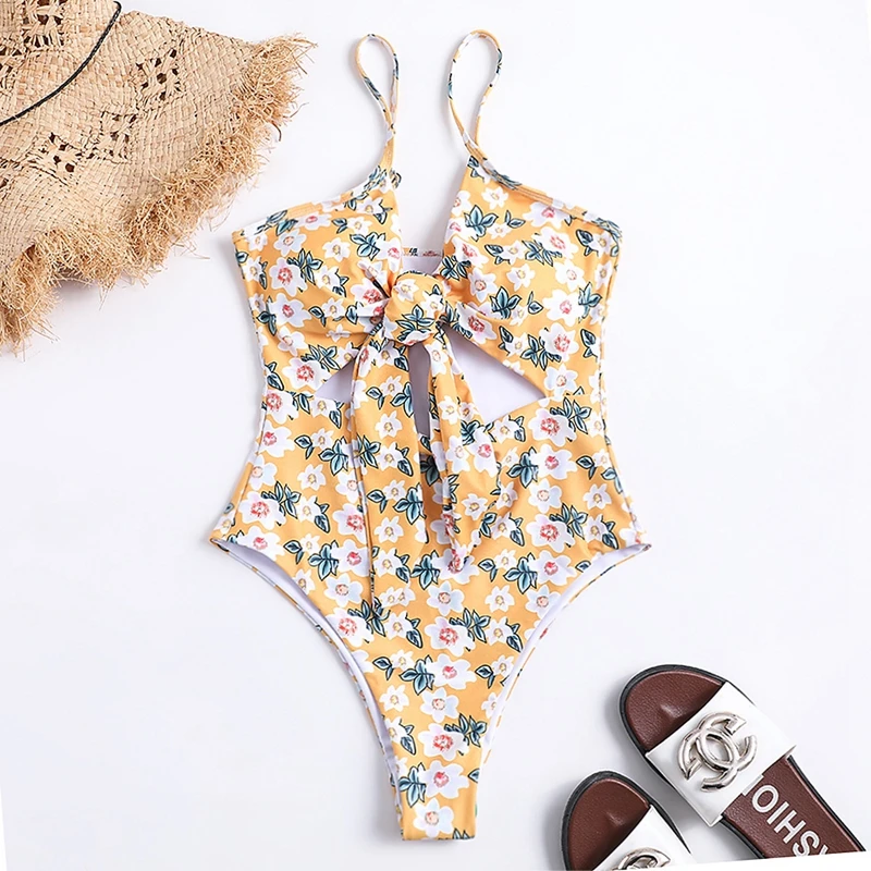

Women's Floral Print Cut-out Design One Piece Swimsuit Adjustable Straps Front Knotted Swimwear Monokini Bathing Suit Women
