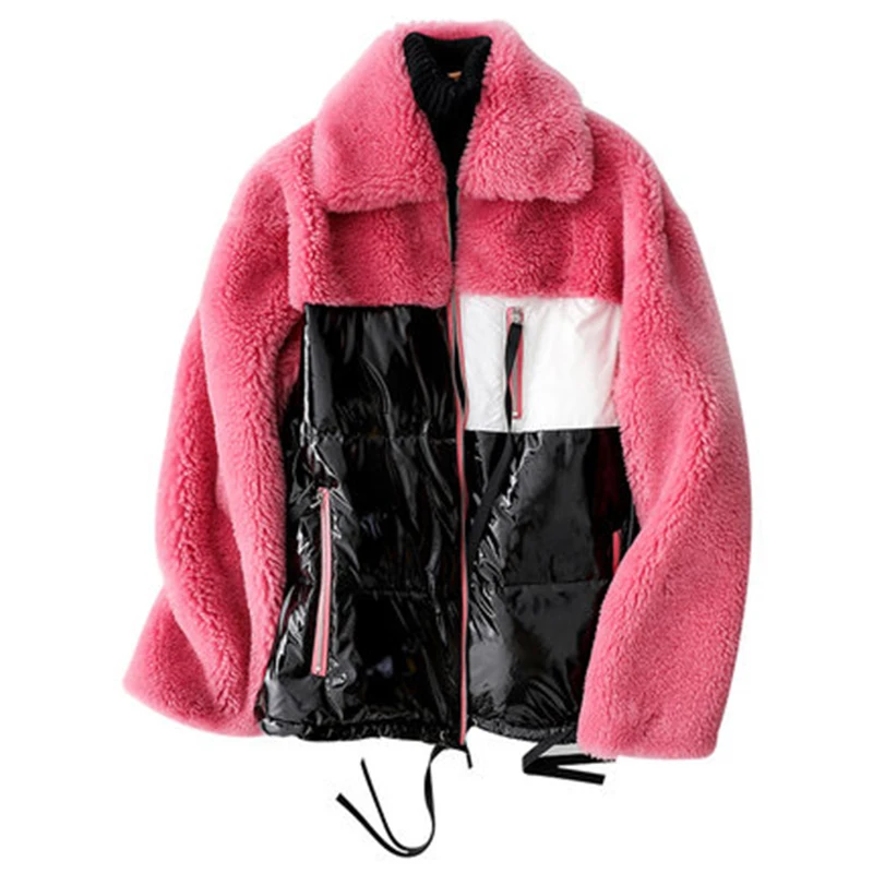 

Real Fur Coat Women Winter Colorful Short Wool Jaclet Female Patchwork Duck Down Jackets Warm Sheep Shearing Outercoat LX2531