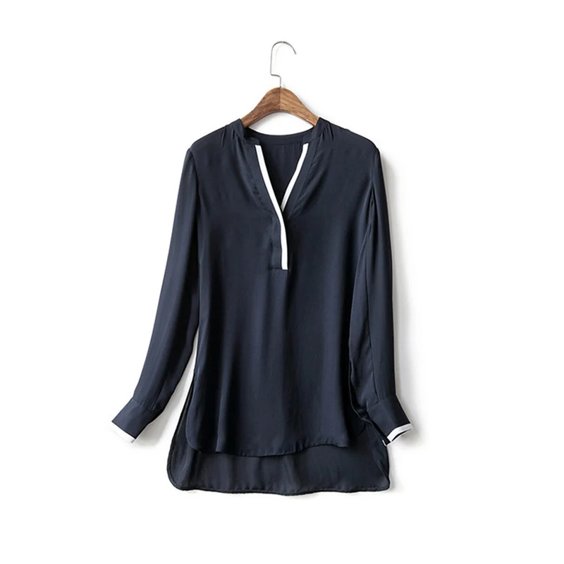 100% Silk Blouse Women Shirt Patchwork V Neck Long Sleeves Lightweight Fabric Casual Simple Top Ele