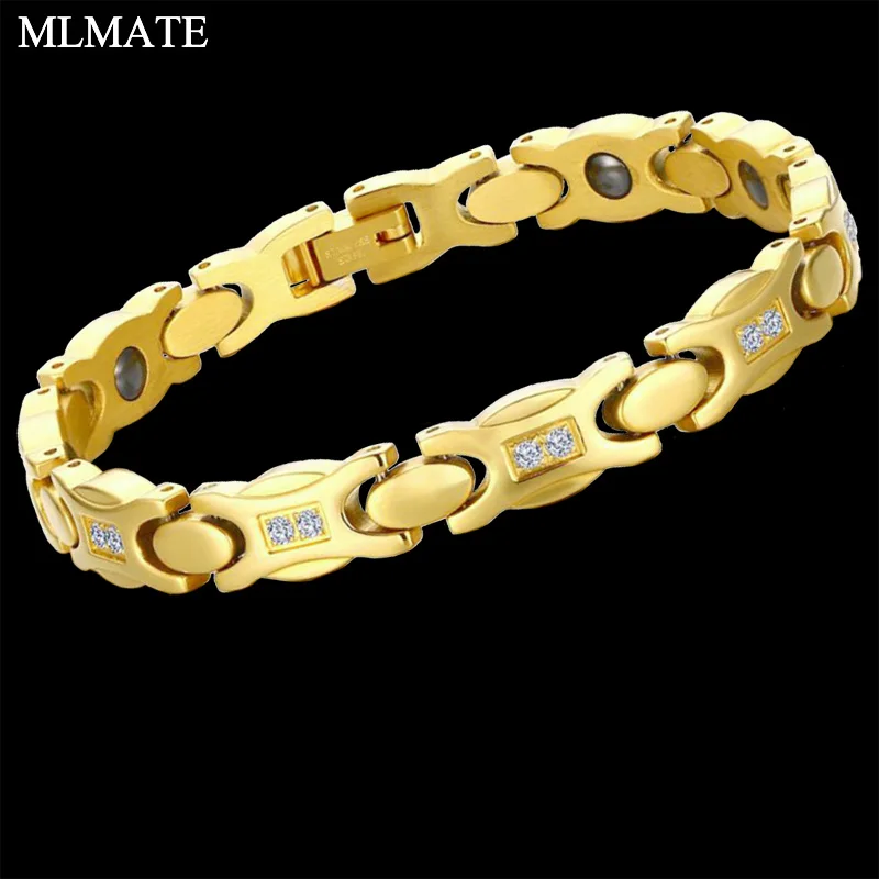

Female Bracelet Shiny AAA Cubic Zirconia Gold-color Stainless Steel Health Jewelry Magnetic Hologram Charm Chain & Link Bangle