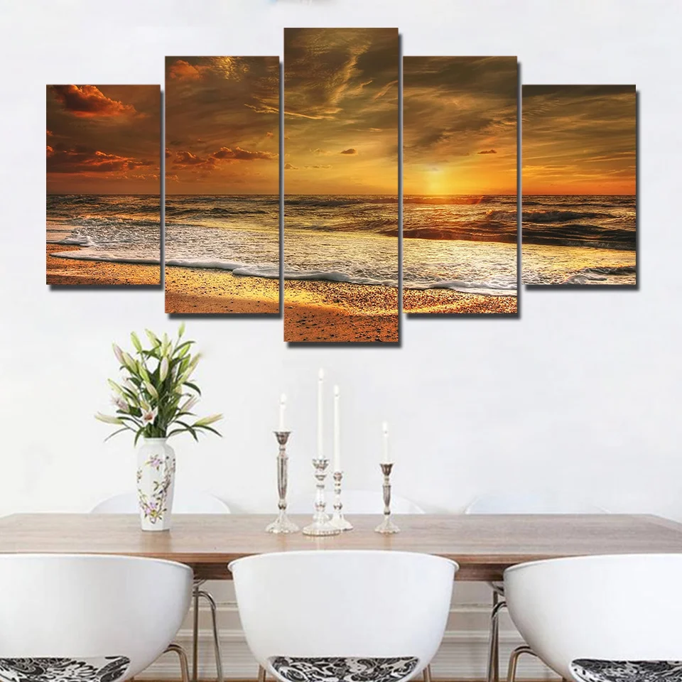 

Modular Pictures HD Prints Canvas Painting 5 Pieces Beach Sea Wave Seascape Home Decor Sunset Bedside Background Wall Art Poster