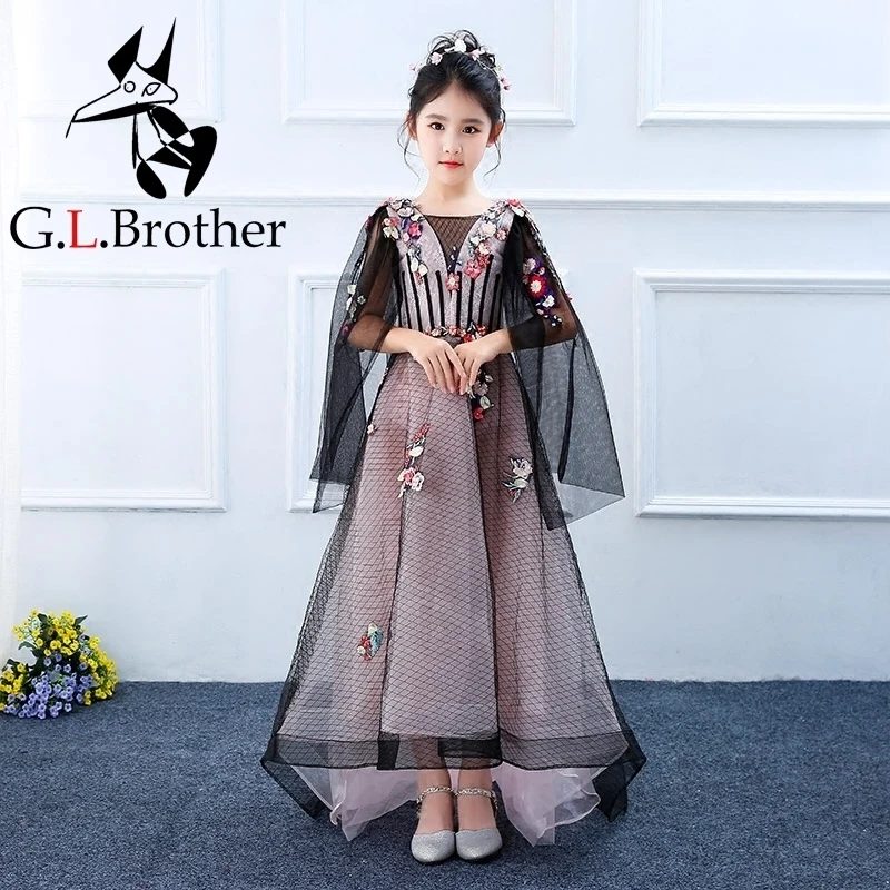 

3-13T Black Flower Princess Appliques Kids Pagent For Birthday Wedding Dress Ball Gown Luxury Girls Holy Communion Dress M15