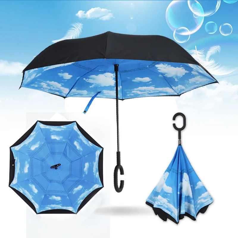 

Windproof Reverse Folding Double Layer Inverted Chuva Umbrellas Self Stand Inside Out Rain Protection C-Hook Hands For Car
