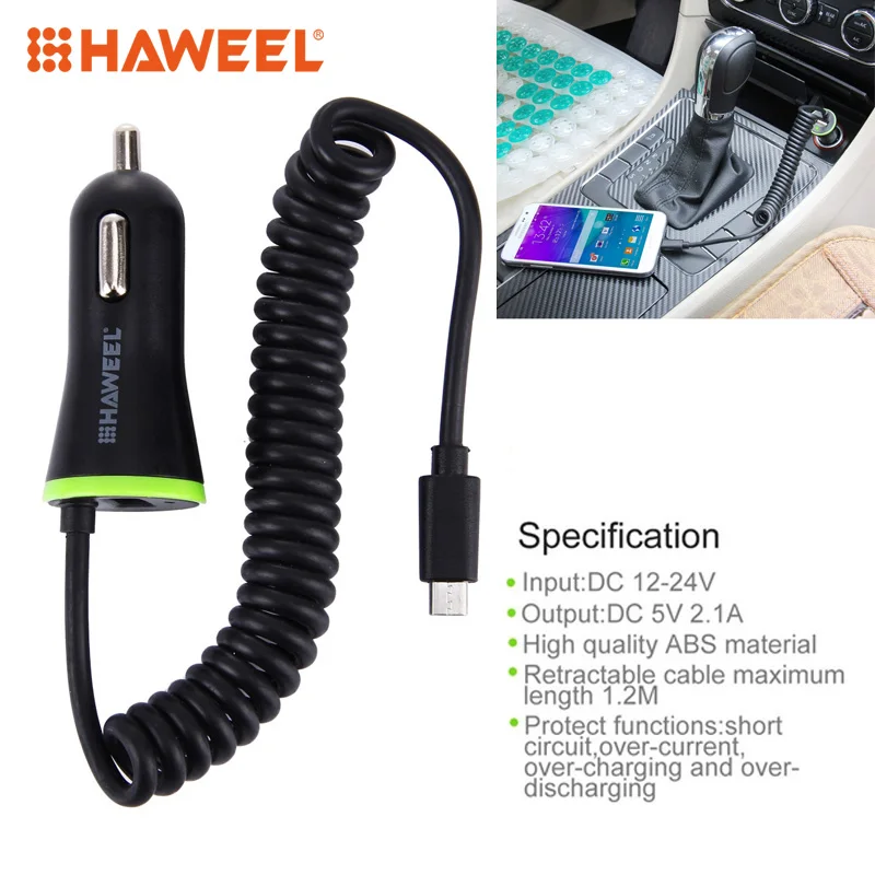 

HAWEEL 5V 2.1A Micro USB Car Charger with Spring Cable for Samsung/LG/iPhone and other Phones Length 25cm-120cm