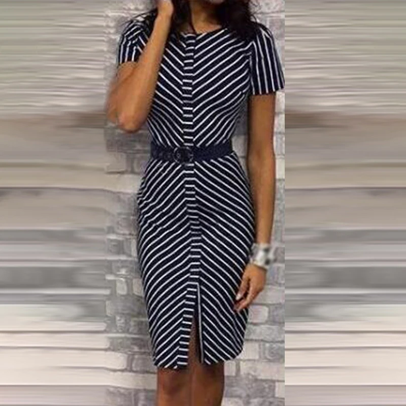 

Vintage Dress Women Work Bodycon Striped Office Lady Dress Slim High Waist Front Split Summer Pencil Vestidos