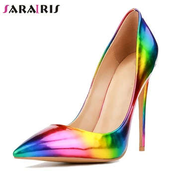 

SARAIRIS New Plus Size 33-50 Rainbow Pointed Toe Shallow Thin High Heels 12cm Shoes Woman Casual Party Sexy Spring Autumn Pumps