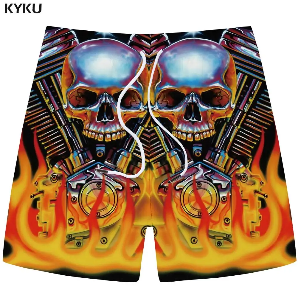 

KYKU Skull Shorts Men Flame Casual Shorts Beach Mechanical Joggers Gray Cargo 3d Printed Mens Short Pants 2018 Summer Fashion