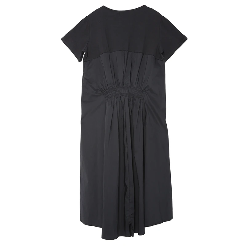[EAM] Новое весенне-летнее платье с круглым вырезом и коротким рукавом, Черное длинное плиссированное платье свободного кроя, женское модное платье F55 - Цвет: black