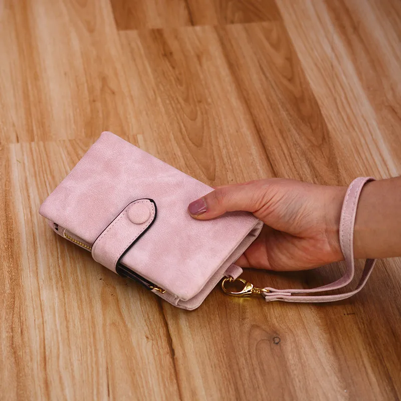 Дизайнерский Женский кошелек на ремешке с карманом для монет, винтажный мягкий розовый замшевый кошелек, Женская папка, зажимы для денег, 6 цветов, billetera