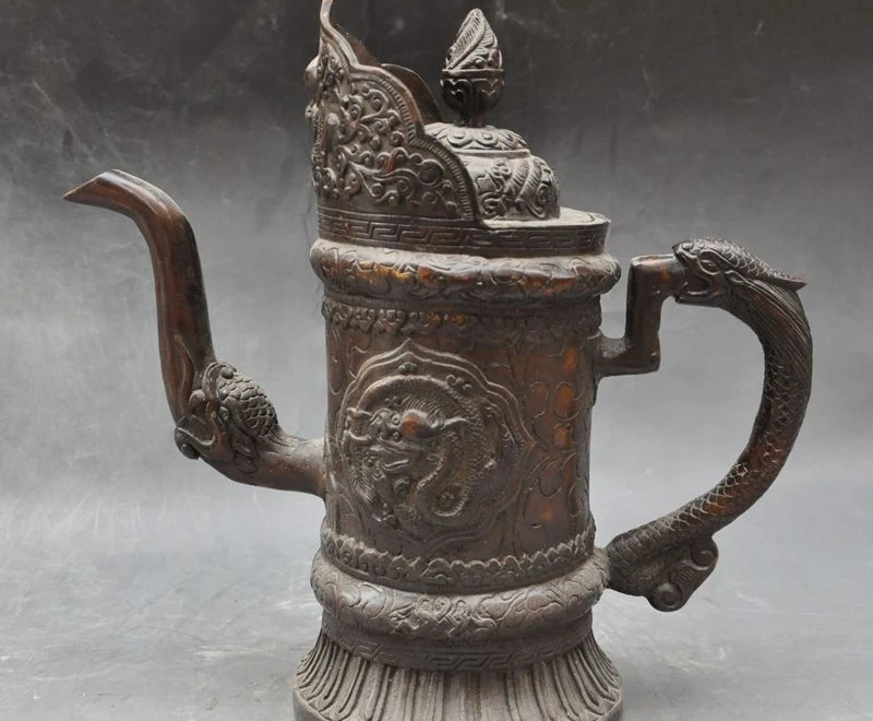 

10" old chinese fengshui bronze animal dragon beast statue Wine Tea Pot Flagon