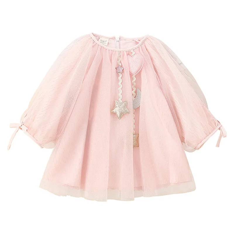 Платье принцессы для малышей Милая осенняя одежда трапециевидной формы с рукавами-фонариками для маленьких девочек детские кружевные платья со звездами От 1 до 5 лет