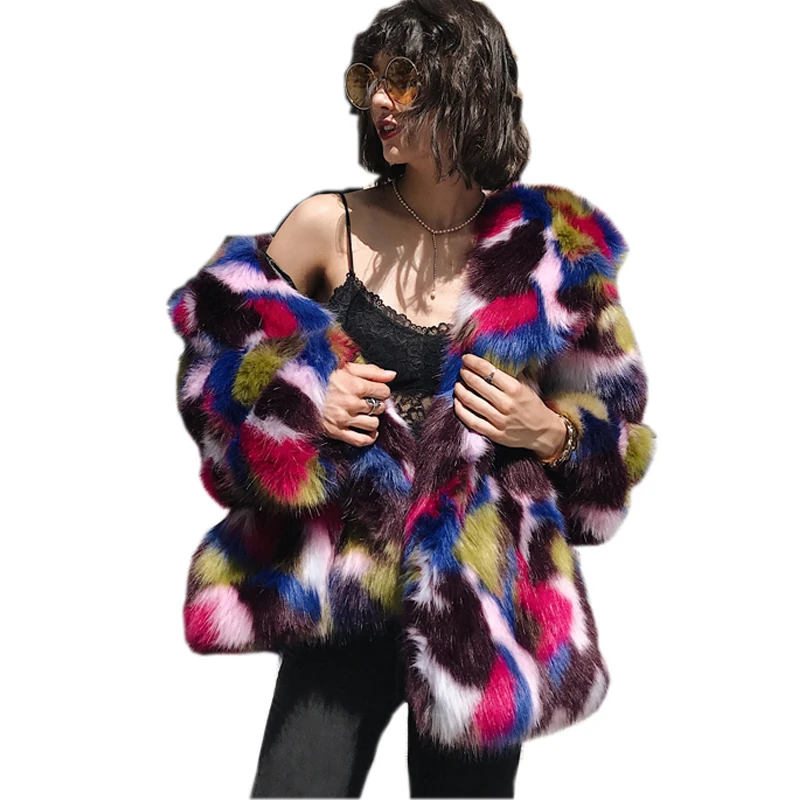 Women Elegant Fur Coats Colorful Faux Fur Coat Multicolor Long Sleeve