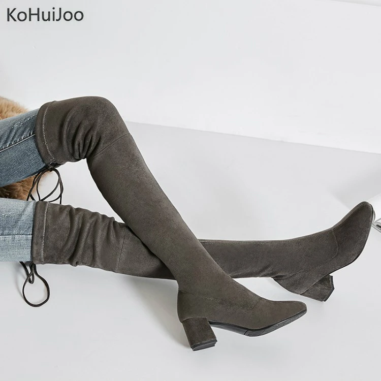 

KoHuiJoo Big Size 34-43 Winter Long Stretch Boots Women 2018 Autumn Square Toe Chunky Heel High Heels Over The Knee Boots Black