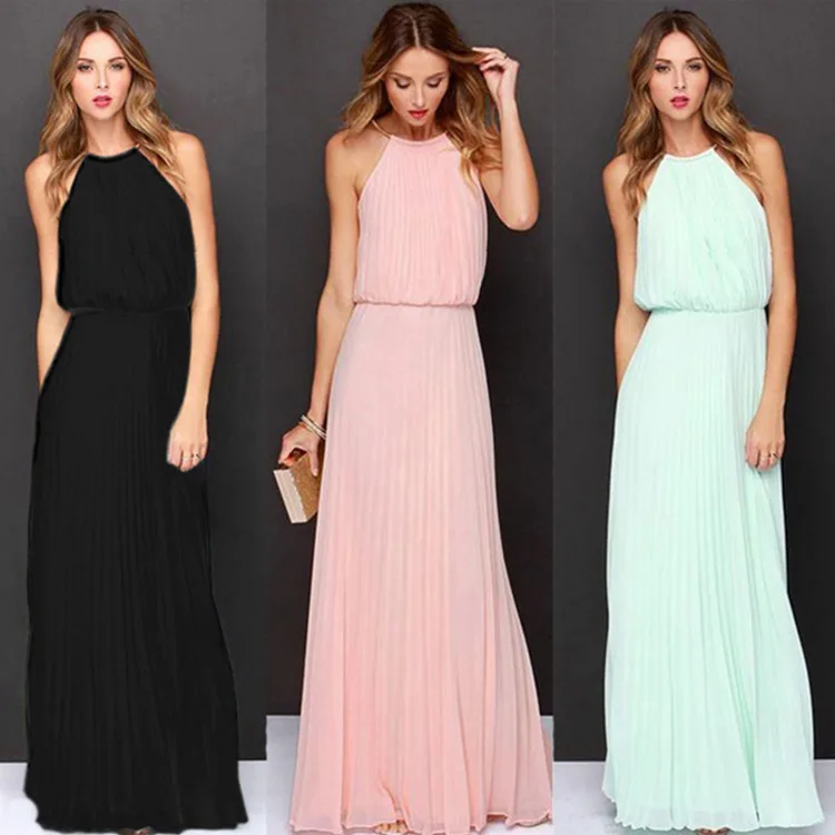 

Pleated Dress Chiffon Strapless Color Sleeveless Dress Beach Crew Neck And Long Dresss