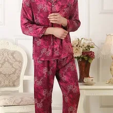 Шелк тутового шелкопряда Пижамный костюм Мужская шелковая одежда с длинным рукавом Длинные брюки с принтом большого размера двойной дракон