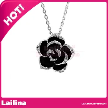 

Fashion Silver Plated Rose Flower Black Paint Rhinestone Crystal Pendant