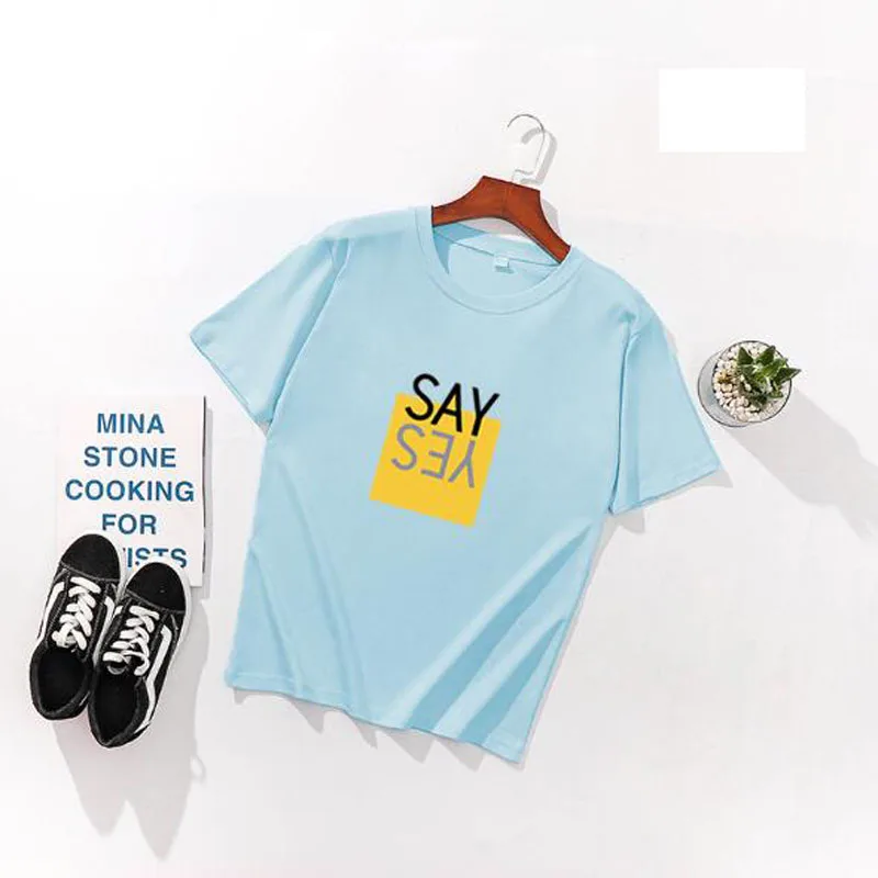 يقول نعم طباعة المرأة تي شيرت الربيع الصيف قصيرة الأكمام يا الرقبة القطن دنة النساء قمم المحملات يتأهل النساء تي شيرت