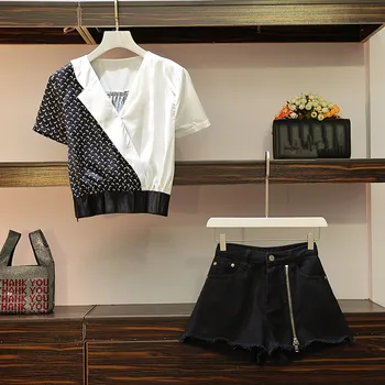 

HAMALIEL Plus Size L-5XL Summer Black White Patchwork Print Women V Neck Tops + High Waist Tassle 2 Piece Set Fashion Shorts Set
