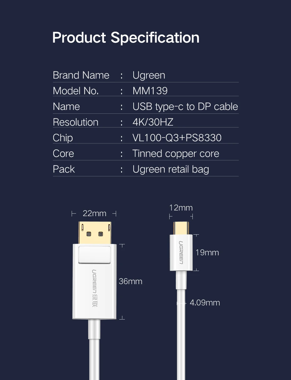 Ugreen USB C DP кабель 4K разрешение usb type-C для DisplayPort адаптер для MacBook Pro samsung S8 huawei mate 10 USB-C DP Cabl