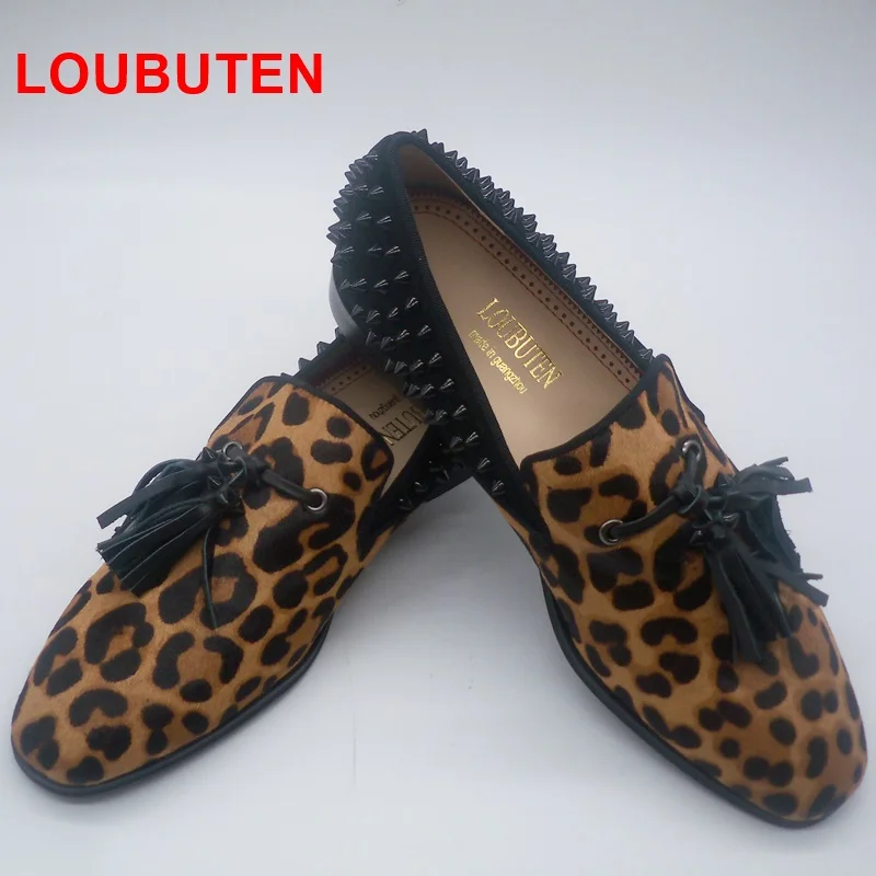 LOUBUTEN/мужские лоферы с леопардовым принтом из конского волоса; роскошные модные мужские туфли с заклепками; Мужские модельные туфли с кисточками размера плюс; слипоны