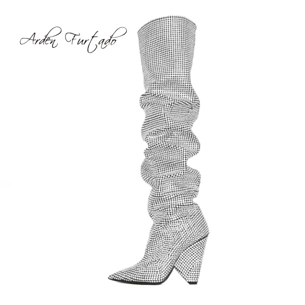 

Arden Furtado 2018 autumn winter fashion cone heels high heels 10cm silver sequined cloth knee high boots sexy women's shoes