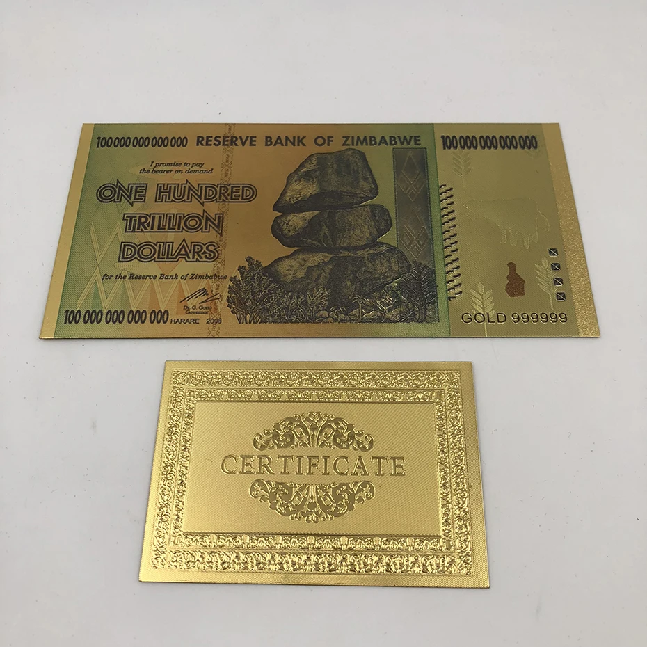 10 шт./партия, для хорошей продажи, пластиковый материал, полное покрытие золотом, сертификат для банкнот из Zimbabwe